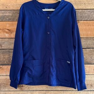 Greys Anatomy Navy Blue Button warm up Scrub Jacket Size L in EUC